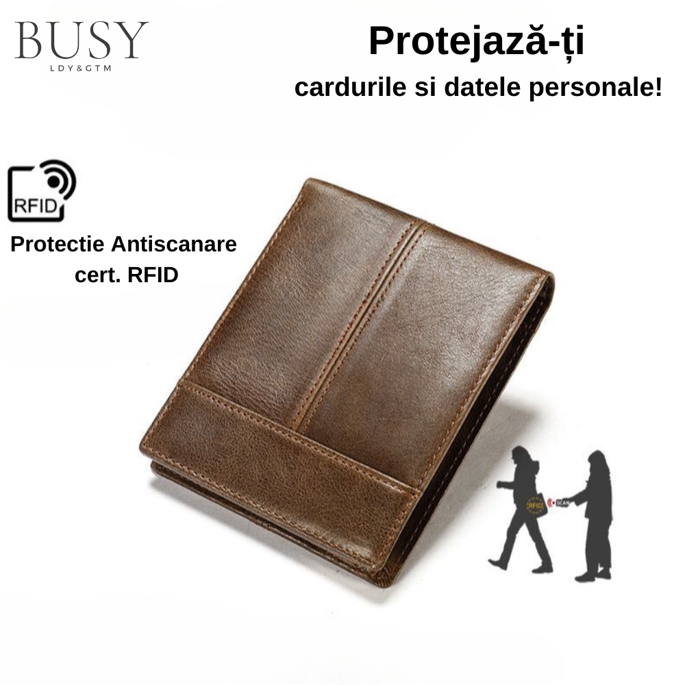 Portofel barbati NoScan III, piele naturala, antiscanare carduri RFID, compartiment carte de identitate, maro