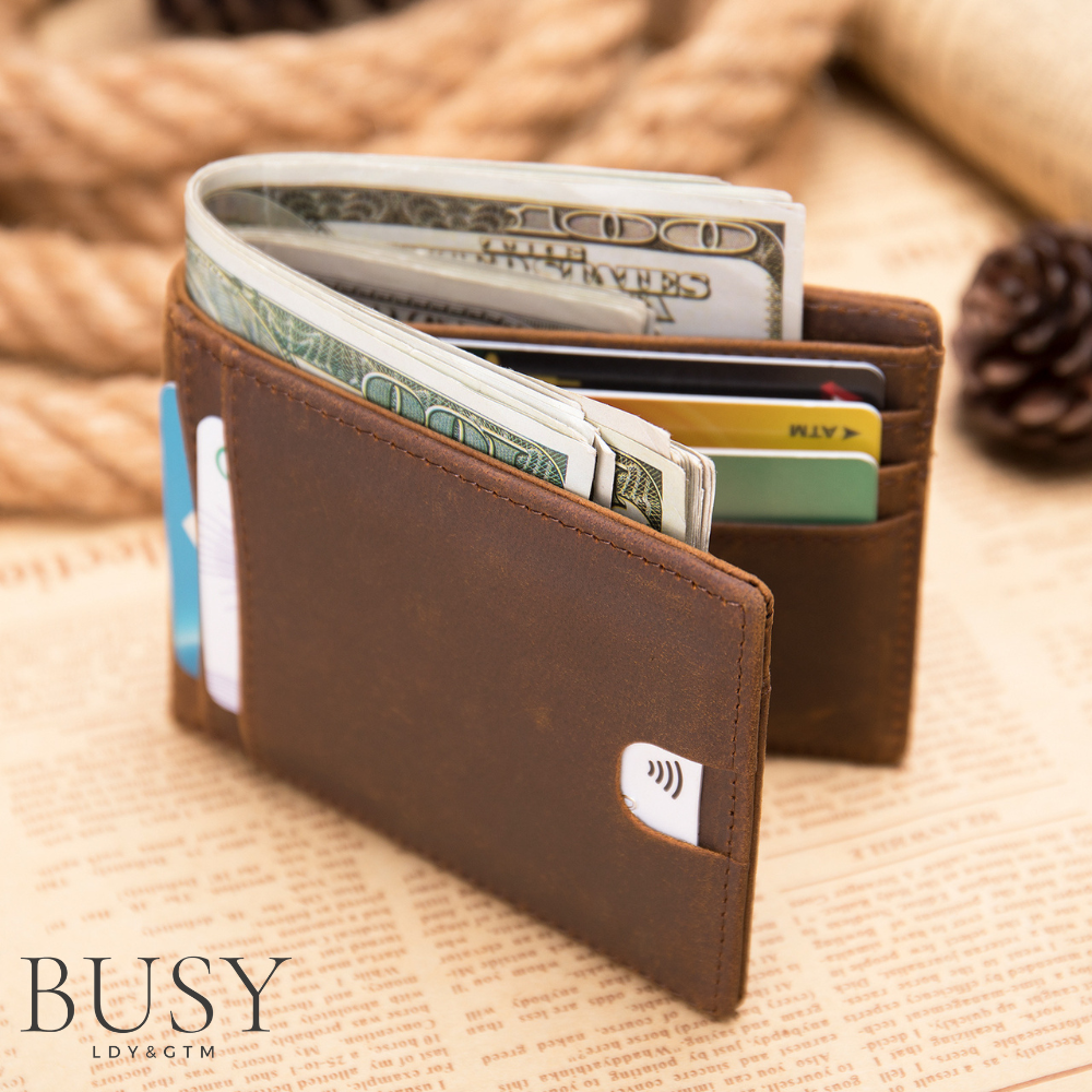 Portofel barbati slim NoScan Buyak, piele naturala premium, antiscanare carduri RFID, maro