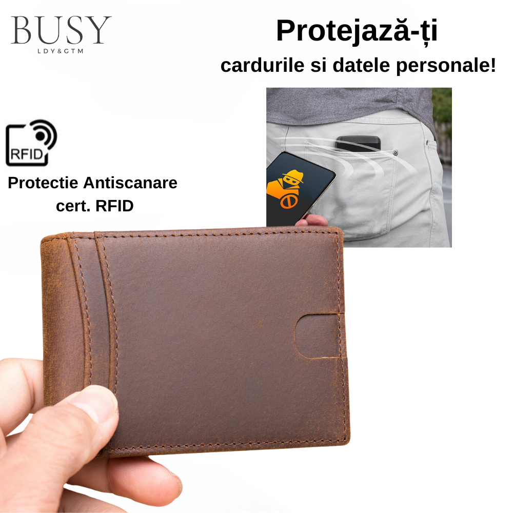 Portofel barbati slim NoScan Buyak, piele naturala premium, antiscanare carduri RFID, maro