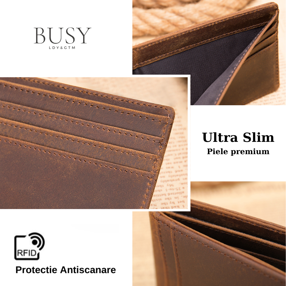 Portofel barbati slim NoScan Buyak, piele naturala premium, antiscanare carduri RFID, maro