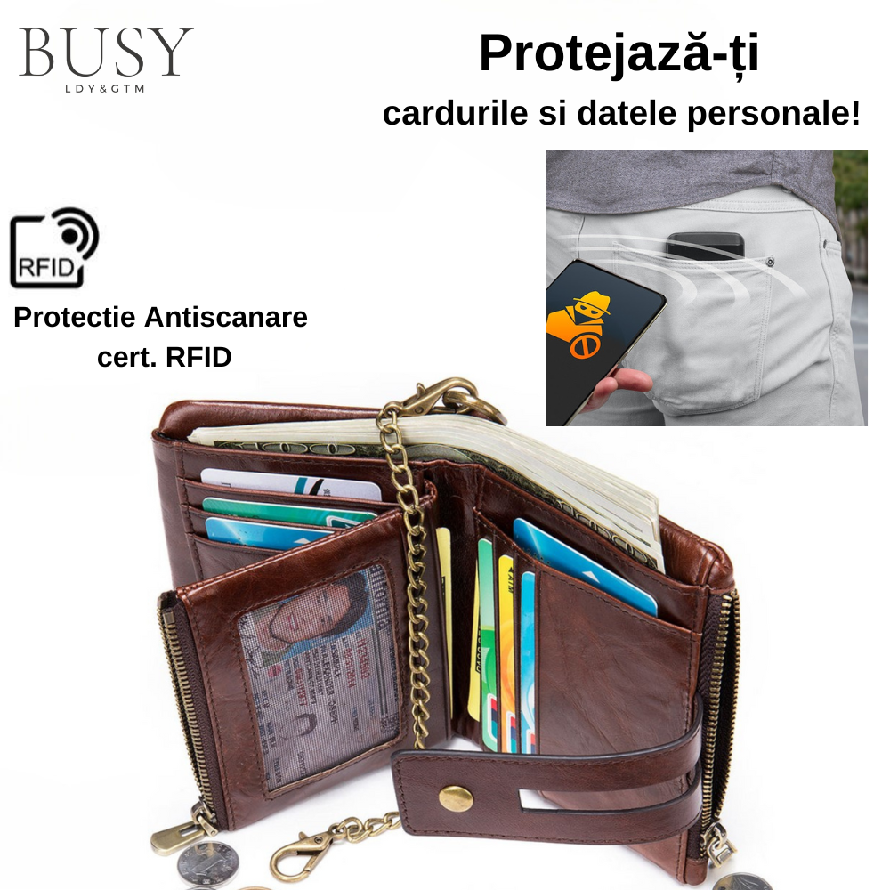 Portofel barbati Oscar, piele naturala, antiscanare RFID, multiple compartimente, sloturi memory card, carte de identitate, coffee