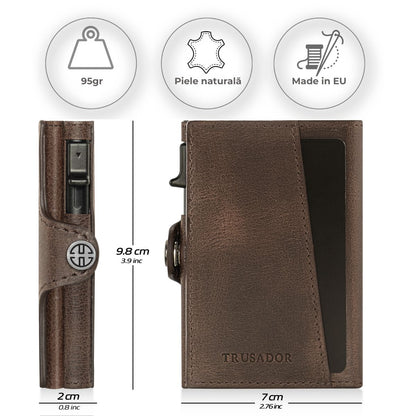 Portofel piele naturala cu Pop-Up si protectie anti scanare carduri RFID, design compact trifold, Palermo - maro