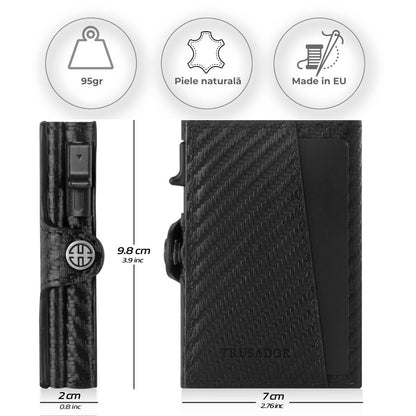Portofel piele naturala cu Pop-Up si protectie anti scanare carduri RFID, design compact trifold, Palermo - negru carbon fiber