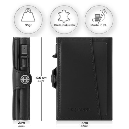Portofel piele naturala cu Pop-Up si protectie anti scanare carduri RFID, design compact trifold, Palermo - negru
