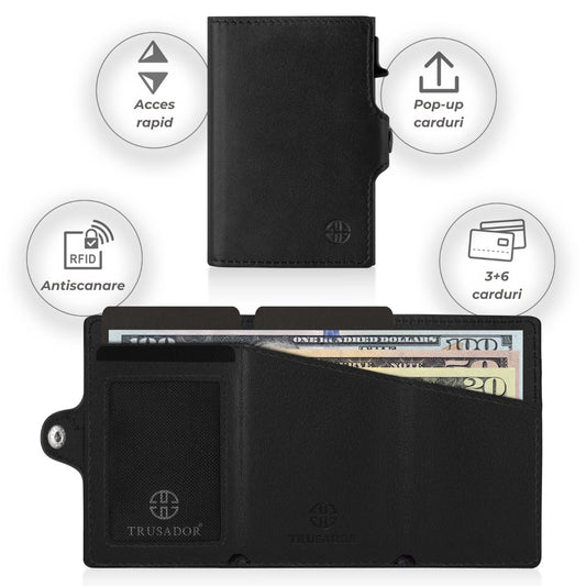 Portofel piele naturala cu Pop-Up si protectie anti scanare carduri RFID, design compact trifold, Palermo - negru