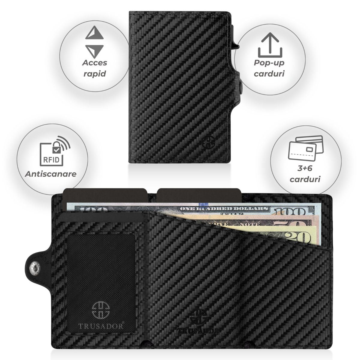Portofel piele naturala cu Pop-Up si protectie anti scanare carduri RFID, design compact trifold, Palermo - negru carbon fiber