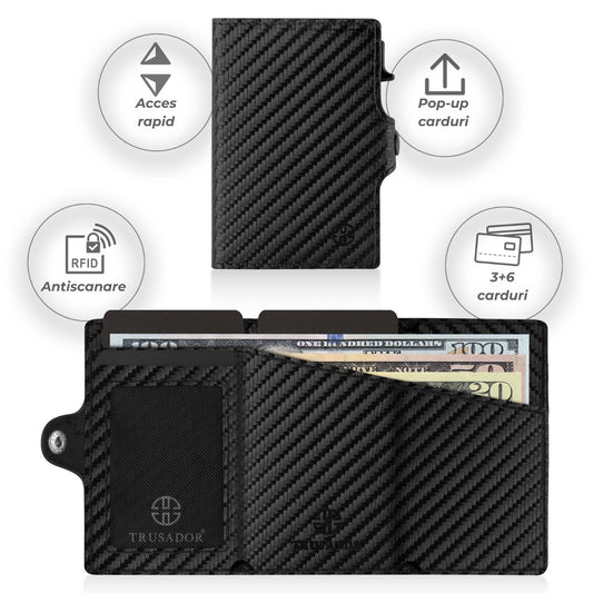 Portofel piele naturala cu Pop-Up si protectie anti scanare carduri RFID, design compact trifold, Palermo - negru carbon fiber