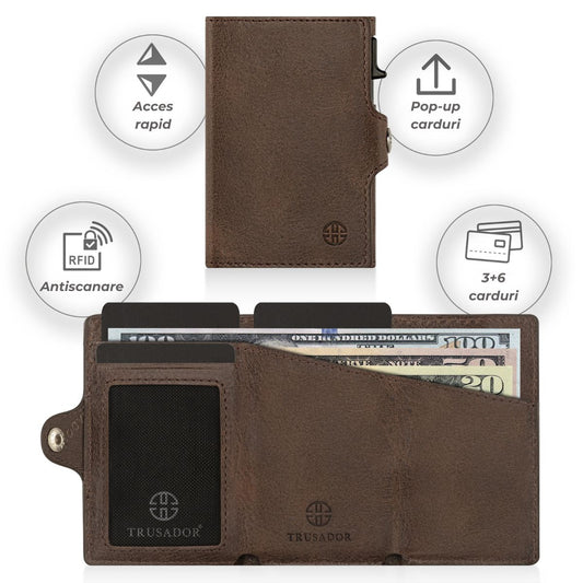 Portofel piele naturala cu Pop-Up si protectie anti scanare carduri RFID, design compact trifold, Palermo - maro