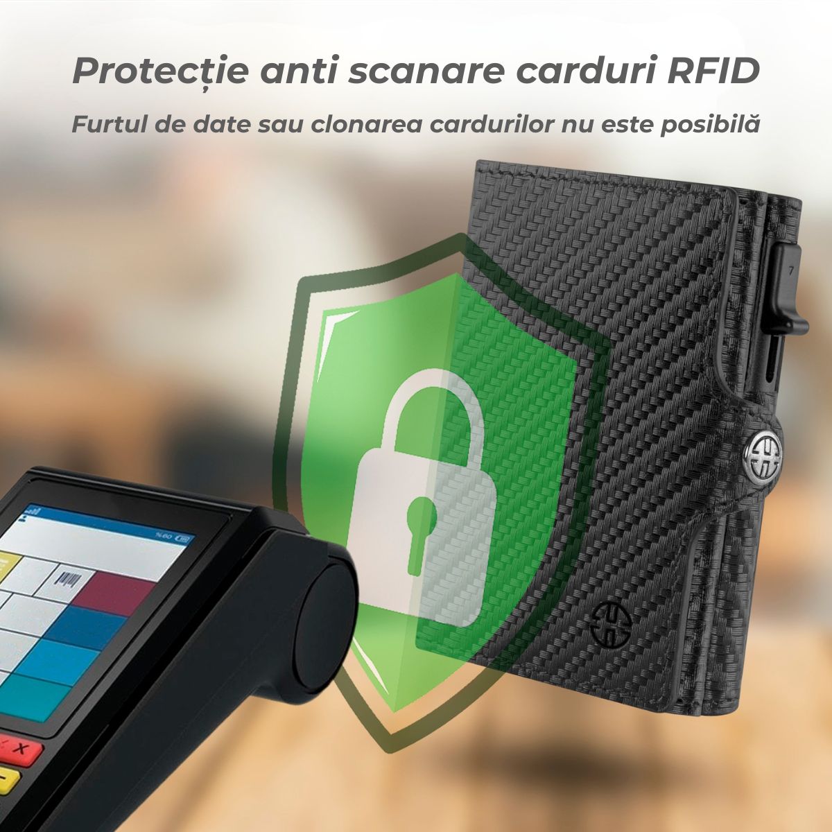 Portofel piele naturala cu Pop-Up si protectie anti scanare carduri RFID, design compact trifold, Palermo - negru carbon fiber