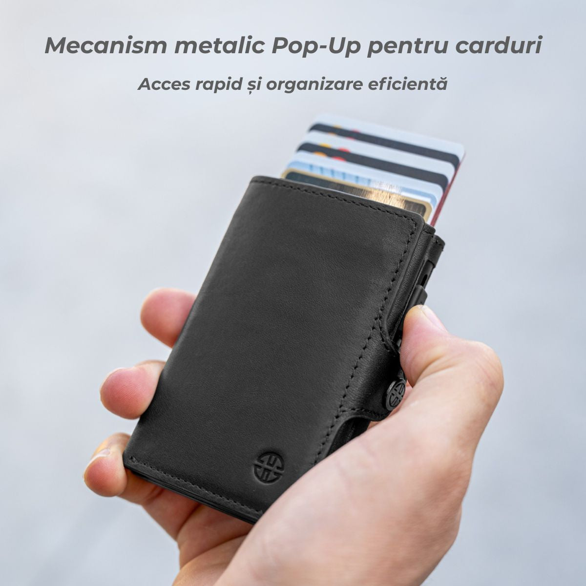 Portofel piele naturala cu Pop-Up si protectie anti scanare carduri RFID, design compact trifold, Palermo - negru