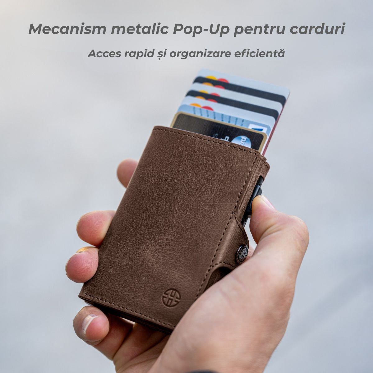 Portofel piele naturala cu Pop-Up si protectie anti scanare carduri RFID, design compact trifold, Palermo - maro