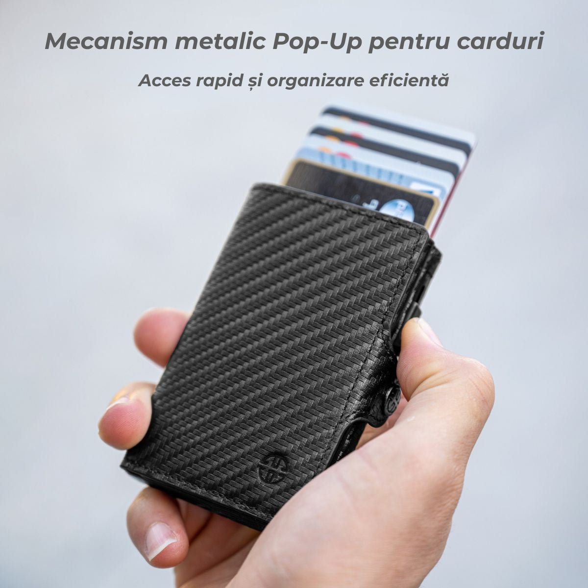 Portofel piele naturala cu Pop-Up si protectie anti scanare carduri RFID, design compact trifold, Palermo - negru carbon fiber