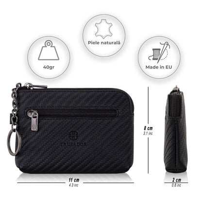 Portofel pouch din piele naturala mini cu fermoar Milano - negru carbon fiber