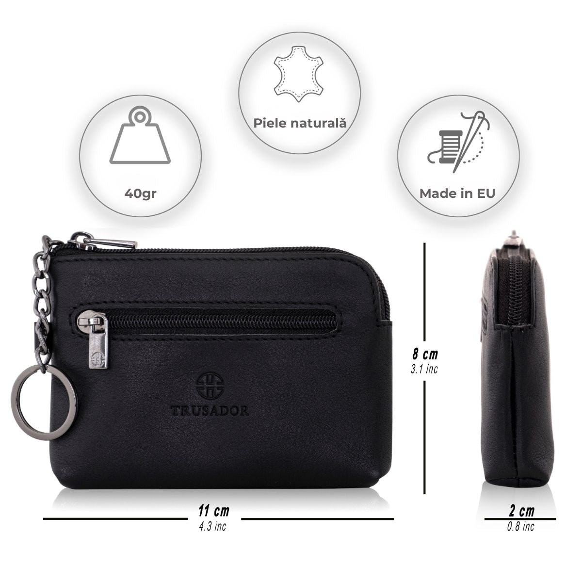 Portofel pouch din piele naturala mini cu fermoar Milano - negru