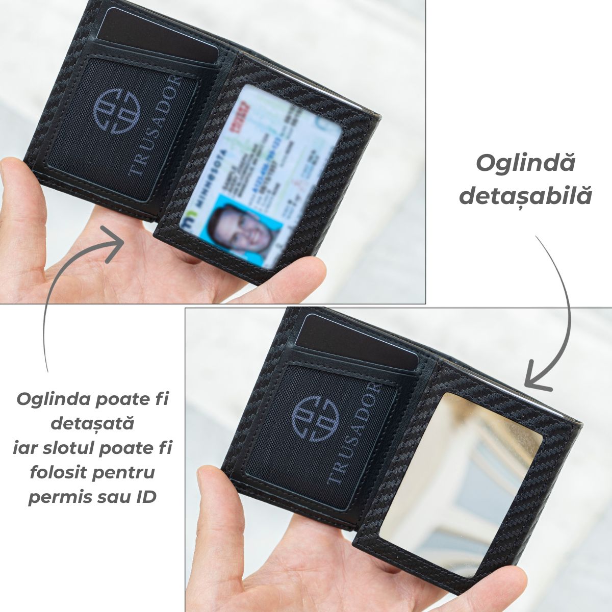 Portofel piele naturala cu cu oglinda si protectie anti scanare carduri RFID, design compact trifold, Marseille - negru carbon fiber