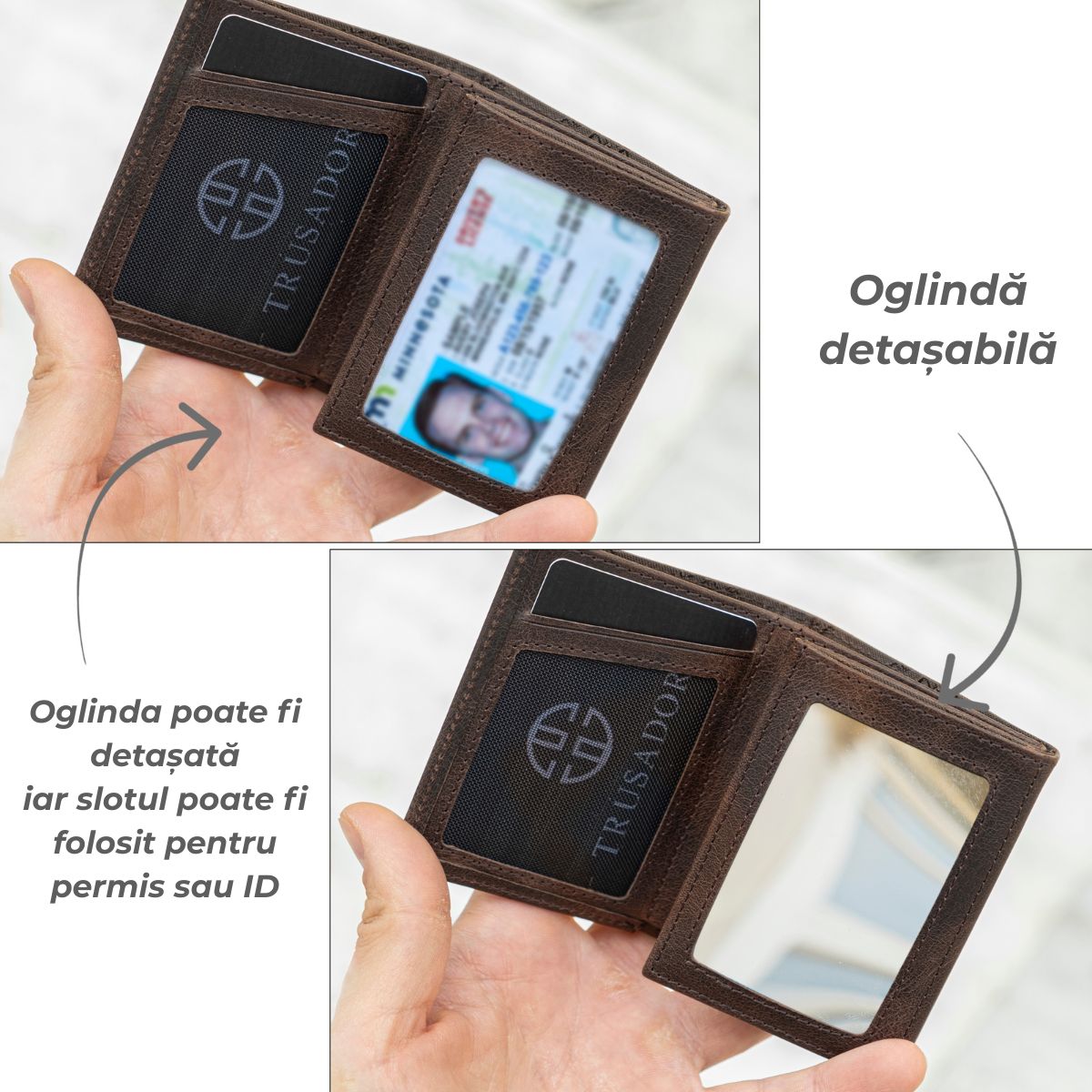 Portofel piele naturala cu cu oglinda si protectie anti scanare carduri RFID, design compact trifold, Marseille - maro