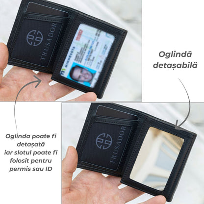 Portofel piele naturala cu cu oglinda si protectie anti scanare carduri RFID, design compact trifold, Marseille - negru