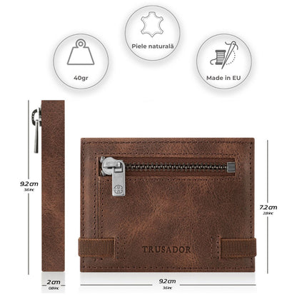 Portofel piele naturala cu cu oglinda si protectie anti scanare carduri RFID, design compact trifold, Marseille - maro