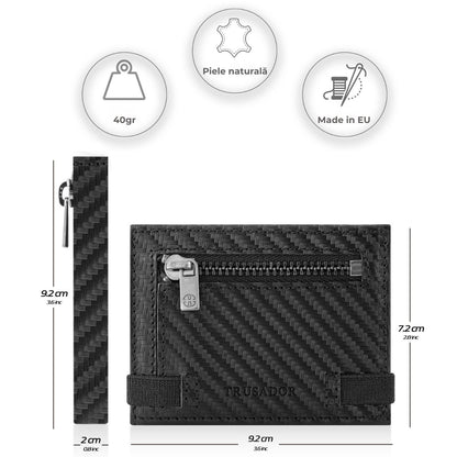 Portofel piele naturala cu cu oglinda si protectie anti scanare carduri RFID, design compact trifold, Marseille - negru carbon fiber