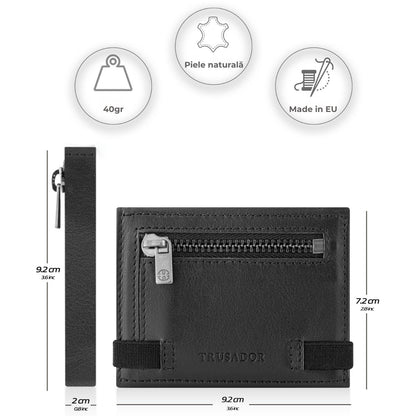 Portofel piele naturala cu cu oglinda si protectie anti scanare carduri RFID, design compact trifold, Marseille - negru