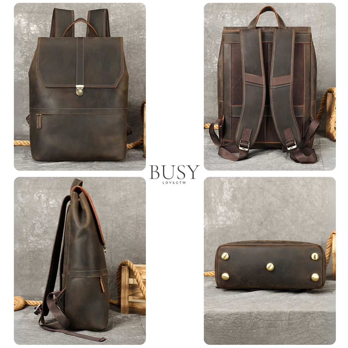 Rucsac laptop 15,6inch din piele Crazy Horse, Guard, retro business, spate antiperspirant, maro