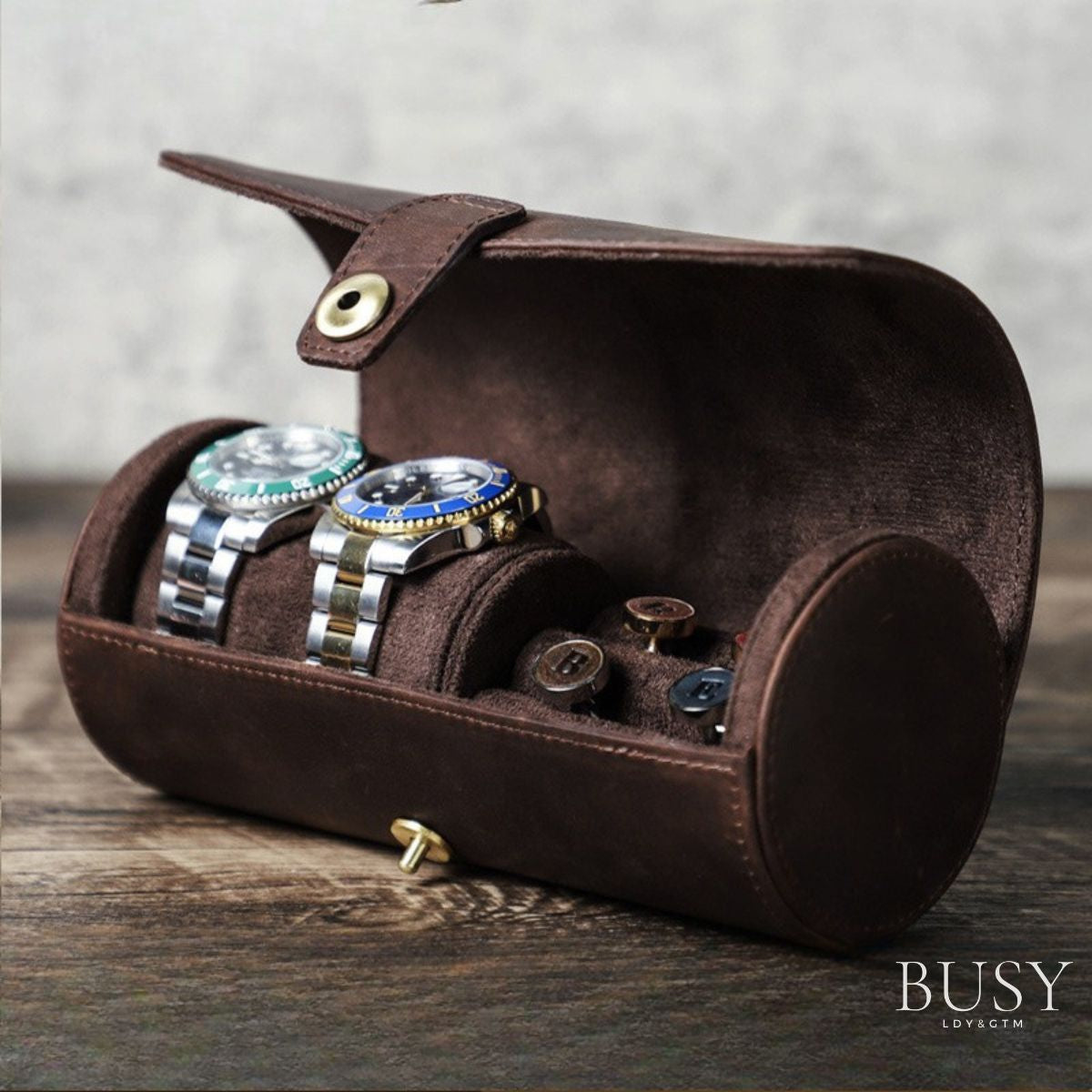 Cutie colectie ceasuri, bijuterii, din piele naturala Crazy Horse, Caliber BUSY LDY & GTM® - coffee