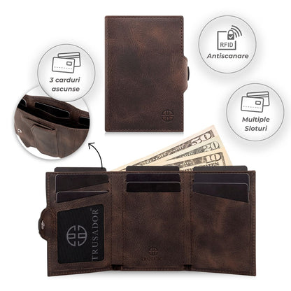 Portofel piele naturala cu protectie anti scanare carduri RFID, design compact trifold, Toscana - maro
