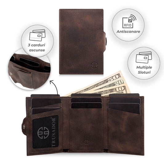Portofel piele naturala cu protectie anti scanare carduri RFID, design compact trifold, Toscana - maro