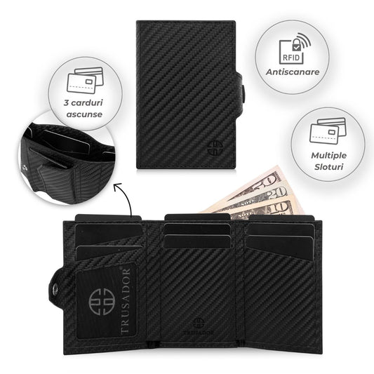 Portofel piele naturala cu protectie anti scanare carduri RFID, design compact trifold, Toscana - negru carbon fiber