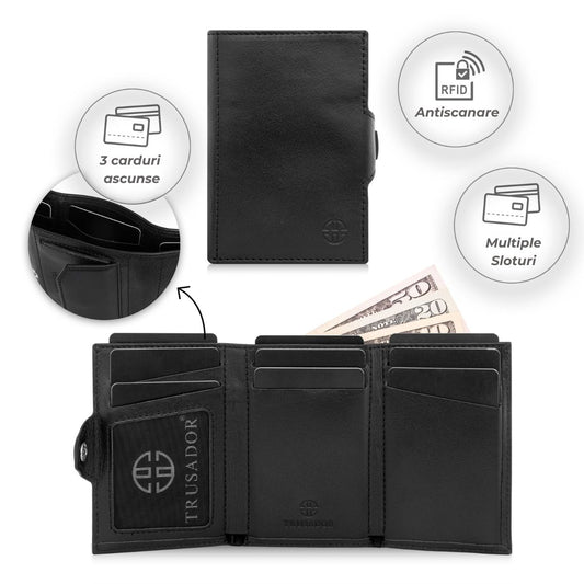 Portofel piele naturala cu protectie anti scanare carduri RFID, design compact trifold, Toscana - negru