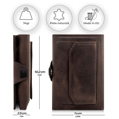 Portofel piele naturala cu protectie anti scanare carduri RFID, design compact trifold, Toscana - maro