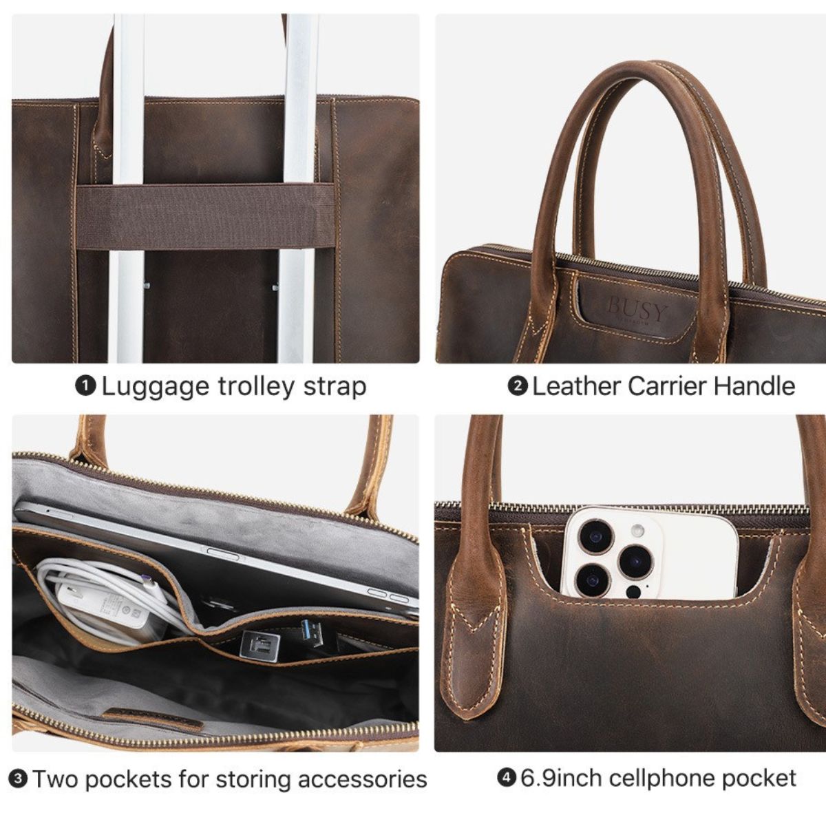 Geanta laptop 15inch din piele naturală Crazy Horse, BUSY LDY & GTM Heritage - coffe