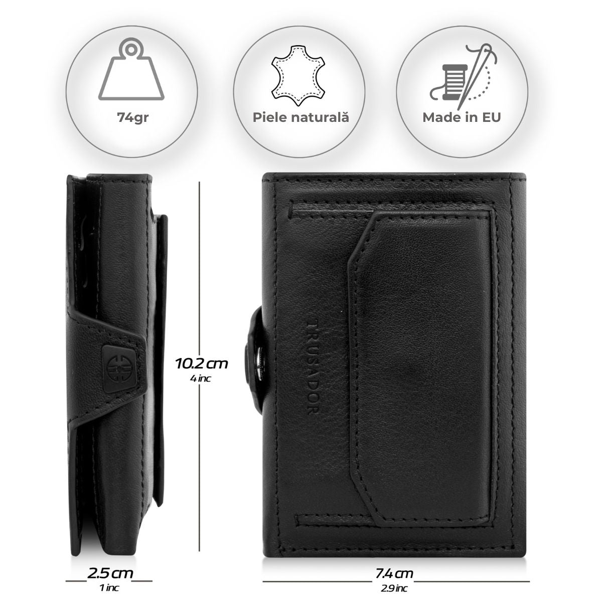 Portofel piele naturala cu protectie anti scanare carduri RFID, design compact trifold, Toscana - negru