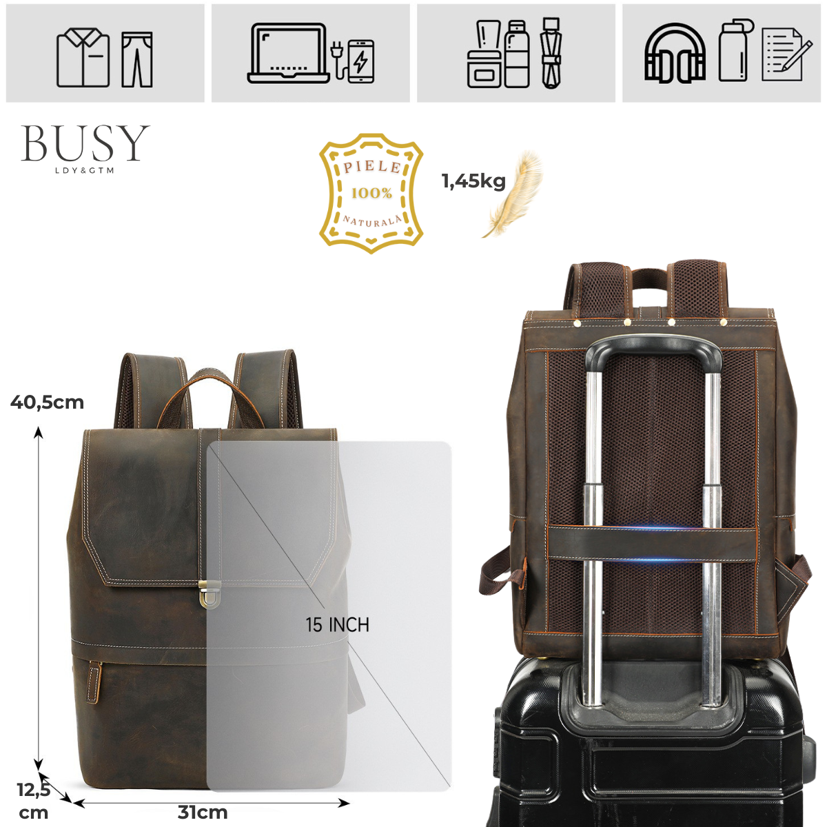 Rucsac laptop 15,6inch din piele Crazy Horse, Guard, retro business, spate antiperspirant, maro
