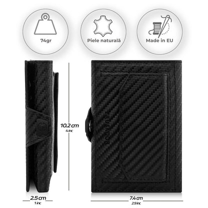 Portofel piele naturala cu protectie anti scanare carduri RFID, design compact trifold, Toscana - negru carbon fiber