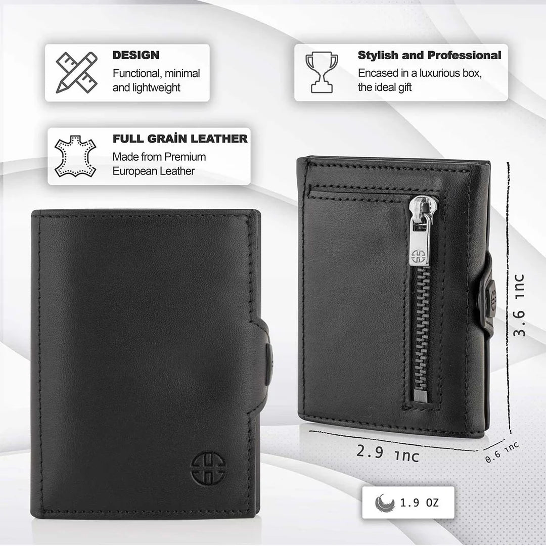 Portofel piele naturala cu protectie anti scanare carduri RFID, design compact trifold, Verona - negru