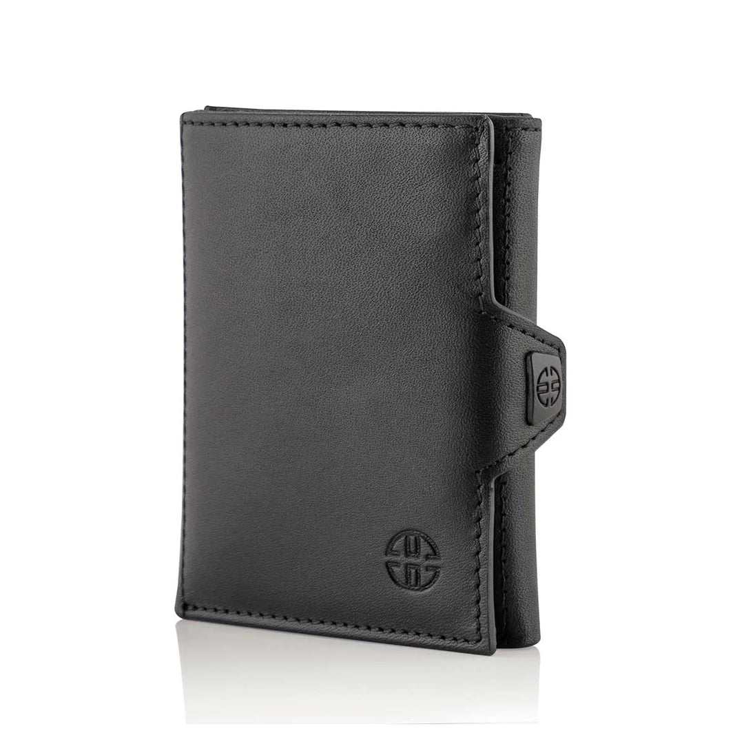 Portofel piele naturala cu protectie anti scanare carduri RFID, design compact trifold, Verona - negru
