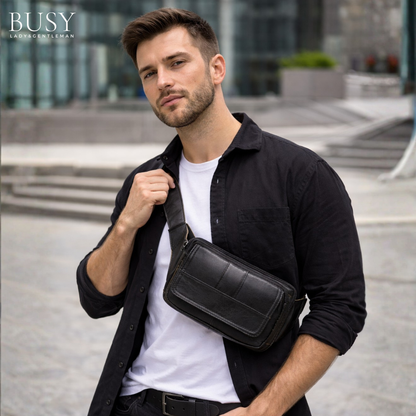 Borseta piele naturala unisex crossbody antifurt Urban Edge Busy Lady & Gentleman negru