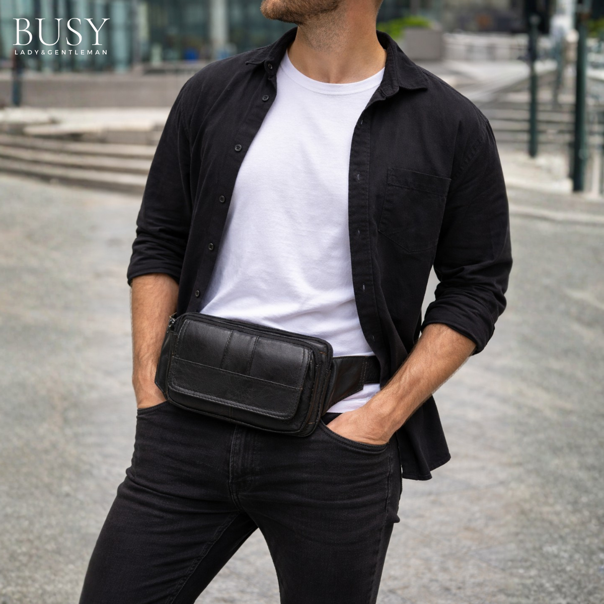 Borseta piele naturala unisex crossbody antifurt Urban Edge Busy Lady & Gentleman negru