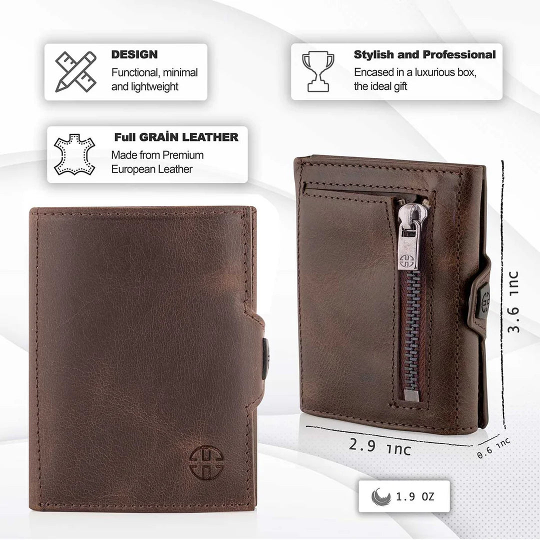 Portofel piele naturala cu protectie anti scanare carduri RFID, design compact trifold, Verona - maro