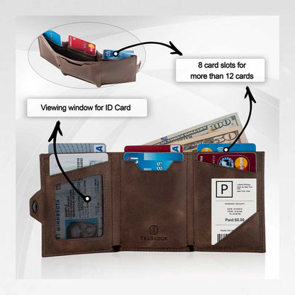 Portofel piele naturala cu protectie anti scanare carduri RFID, design compact trifold, Verona - maro