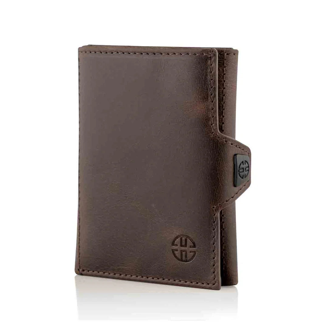 Portofel piele naturala cu protectie anti scanare carduri RFID, design compact trifold, Verona - maro