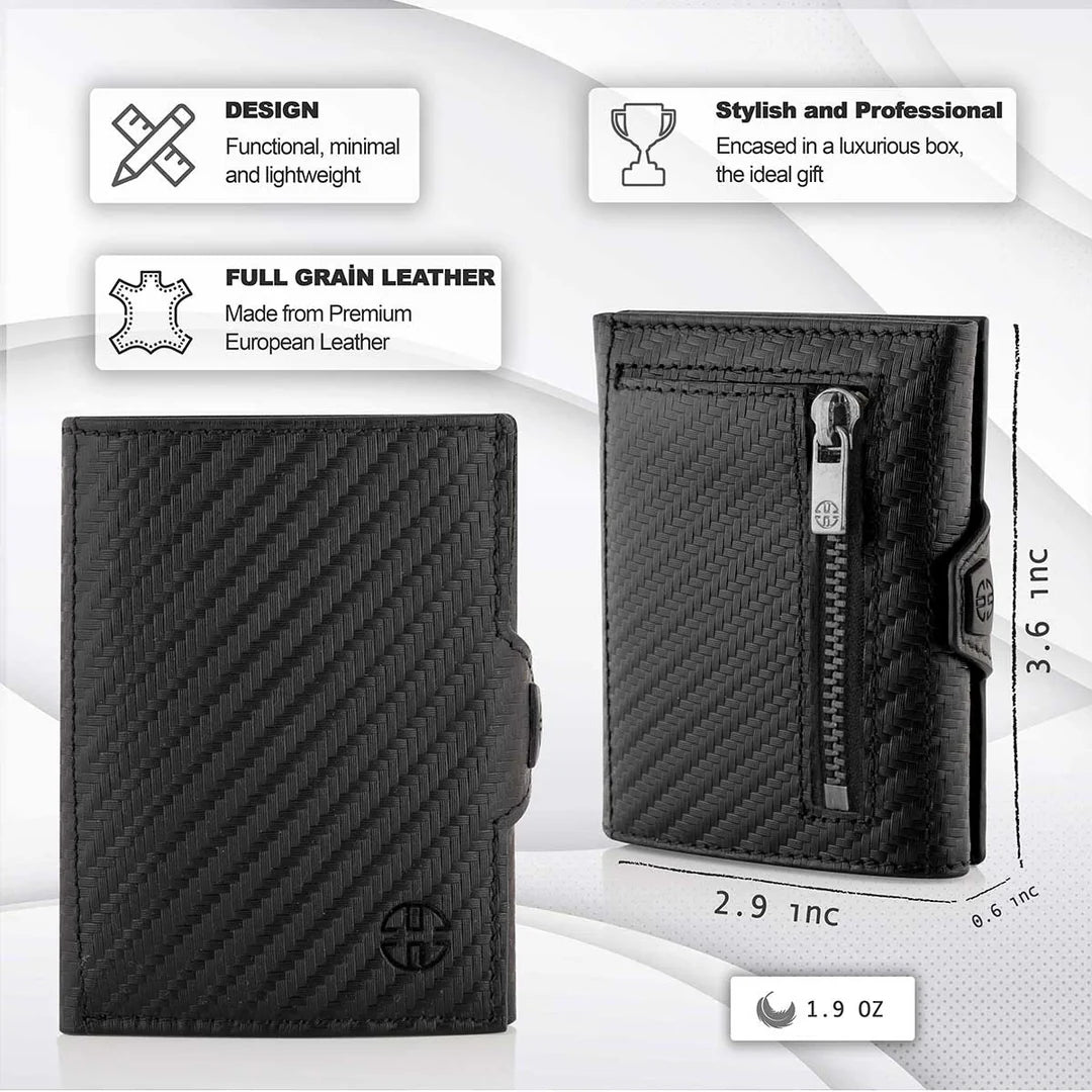 Portofel piele naturala cu protectie anti scanare carduri RFID, design compact trifold, Verona - negru carbon fiber