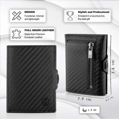 Portofel piele naturala cu protectie anti scanare carduri RFID, design compact trifold, Verona - negru carbon fiber