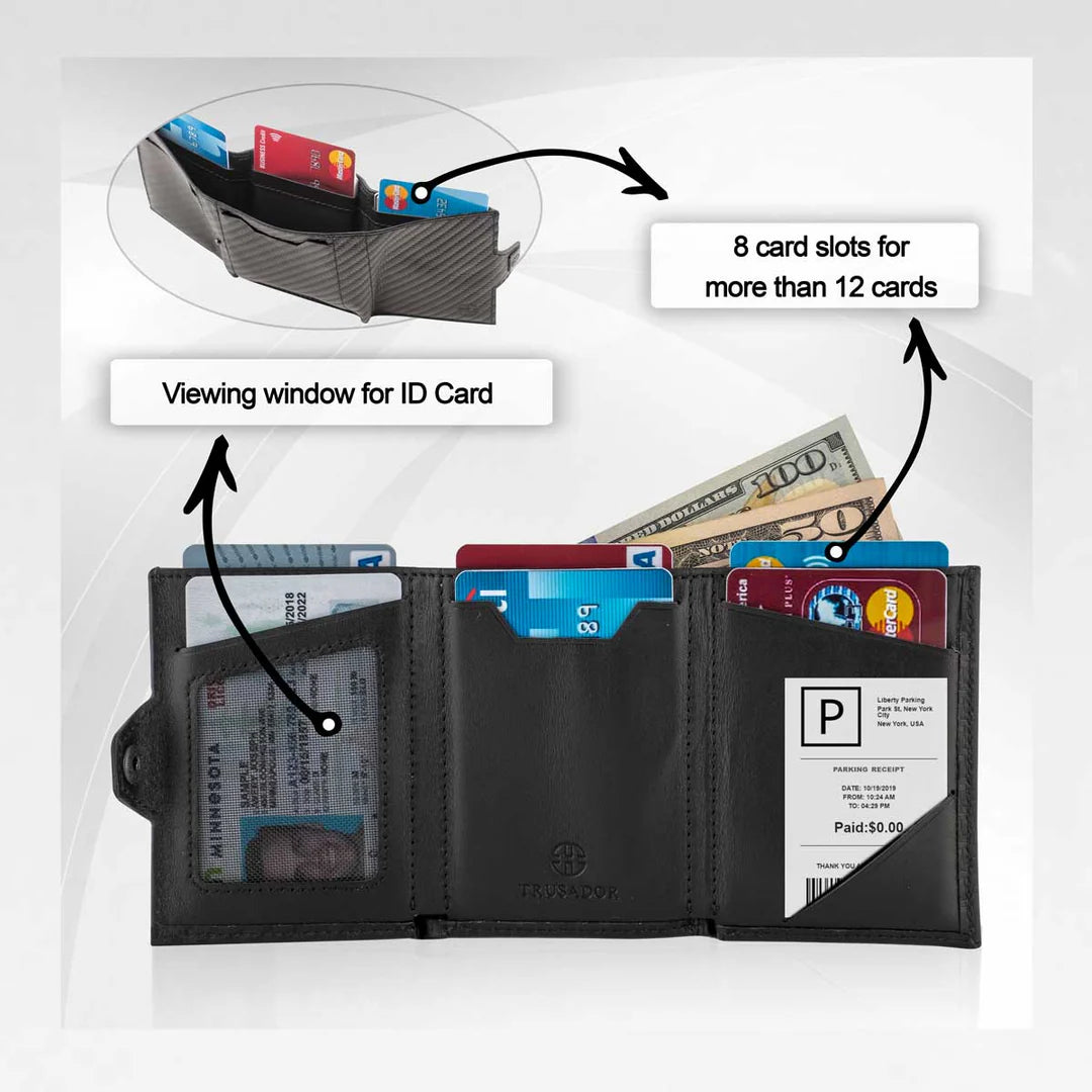 Portofel piele naturala cu protectie anti scanare carduri RFID, design compact trifold, Verona - negru carbon fiber