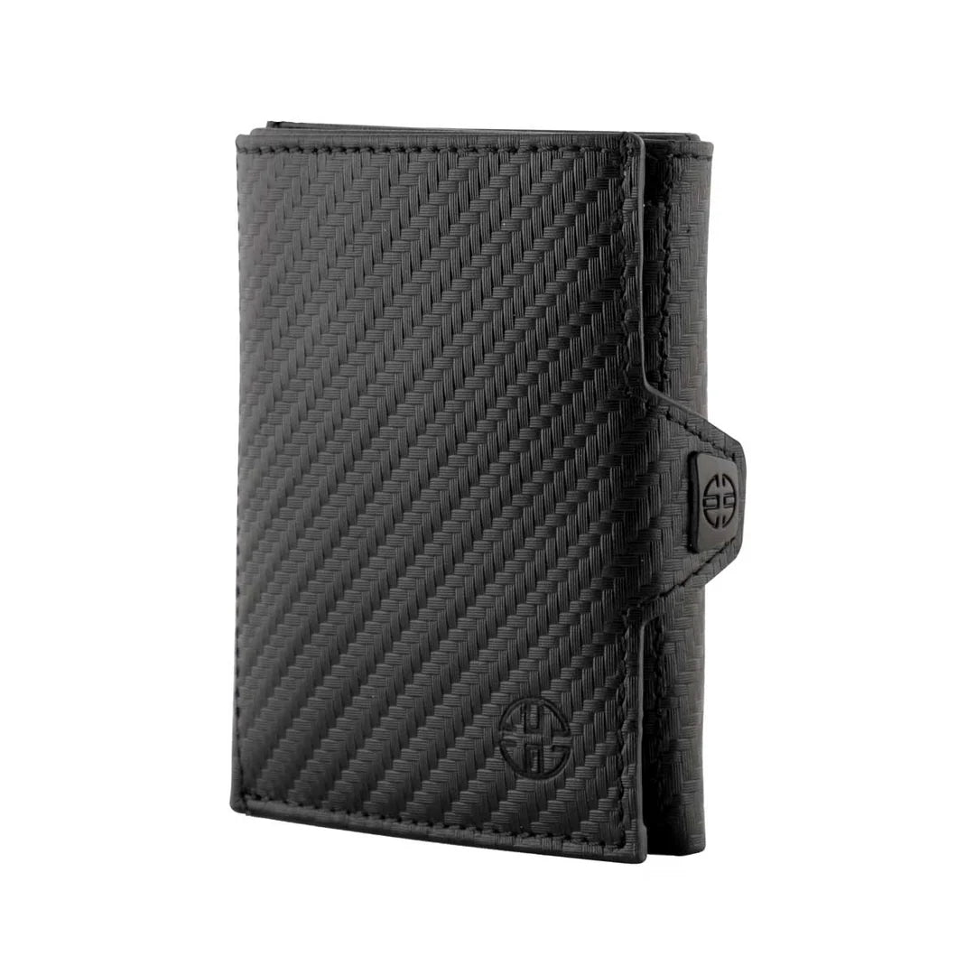 Portofel piele naturala cu protectie anti scanare carduri RFID, design compact trifold, Verona - negru carbon fiber