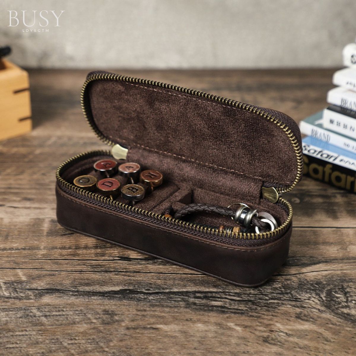 Cutie colectie bijuterii, din piele naturala Crazy Horse, Jeddah BUSY LDY & GTM® - coffee