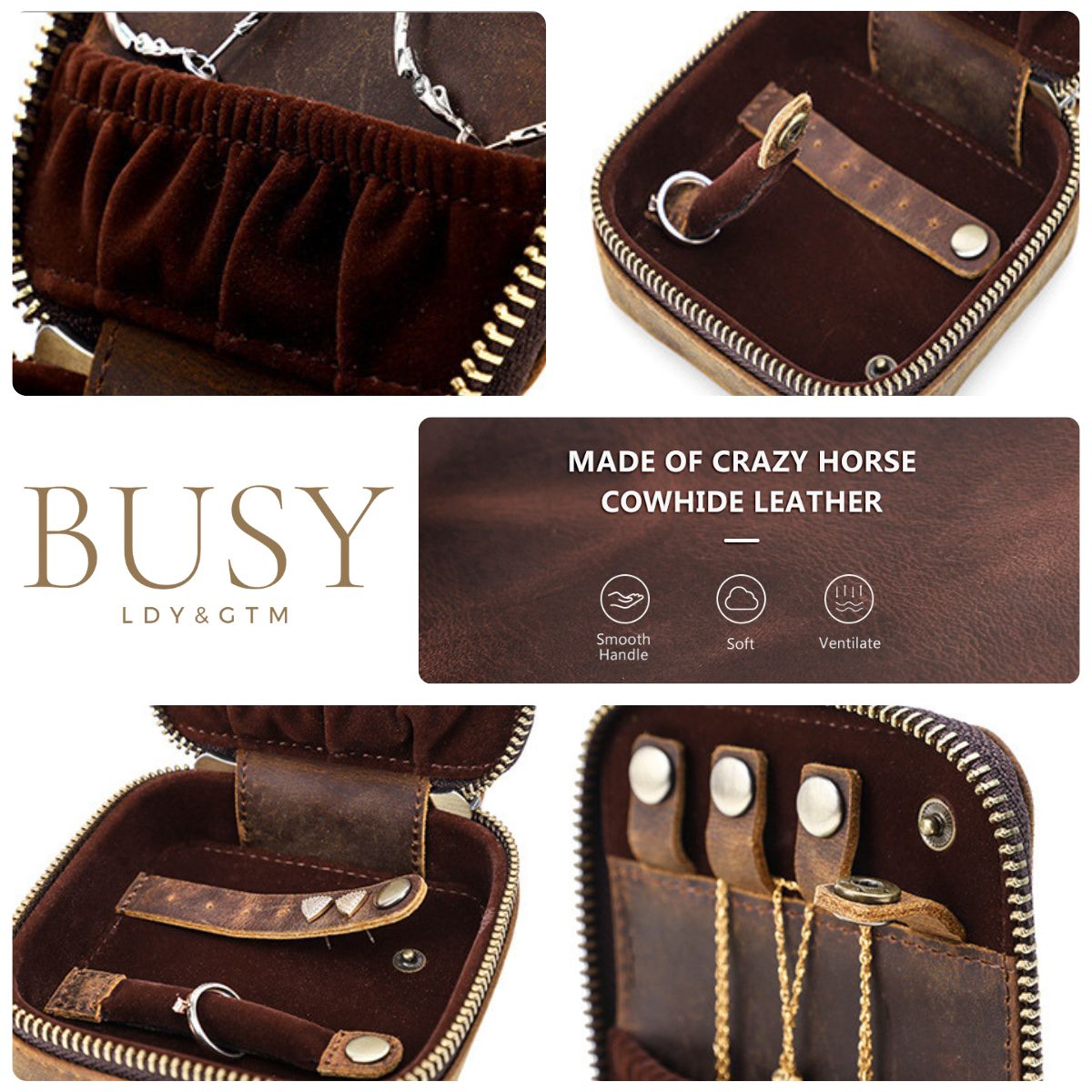Cutie colectie bijuterii, din piele naturala Crazy Horse, Mecca BUSY LDY & GTM® - coffee