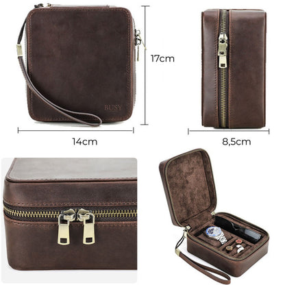 Cutie colectie ceas, ochelari, bijuterii, din piele naturala Crazy Horse, Caliber BUSY LDY & GTM® - coffee