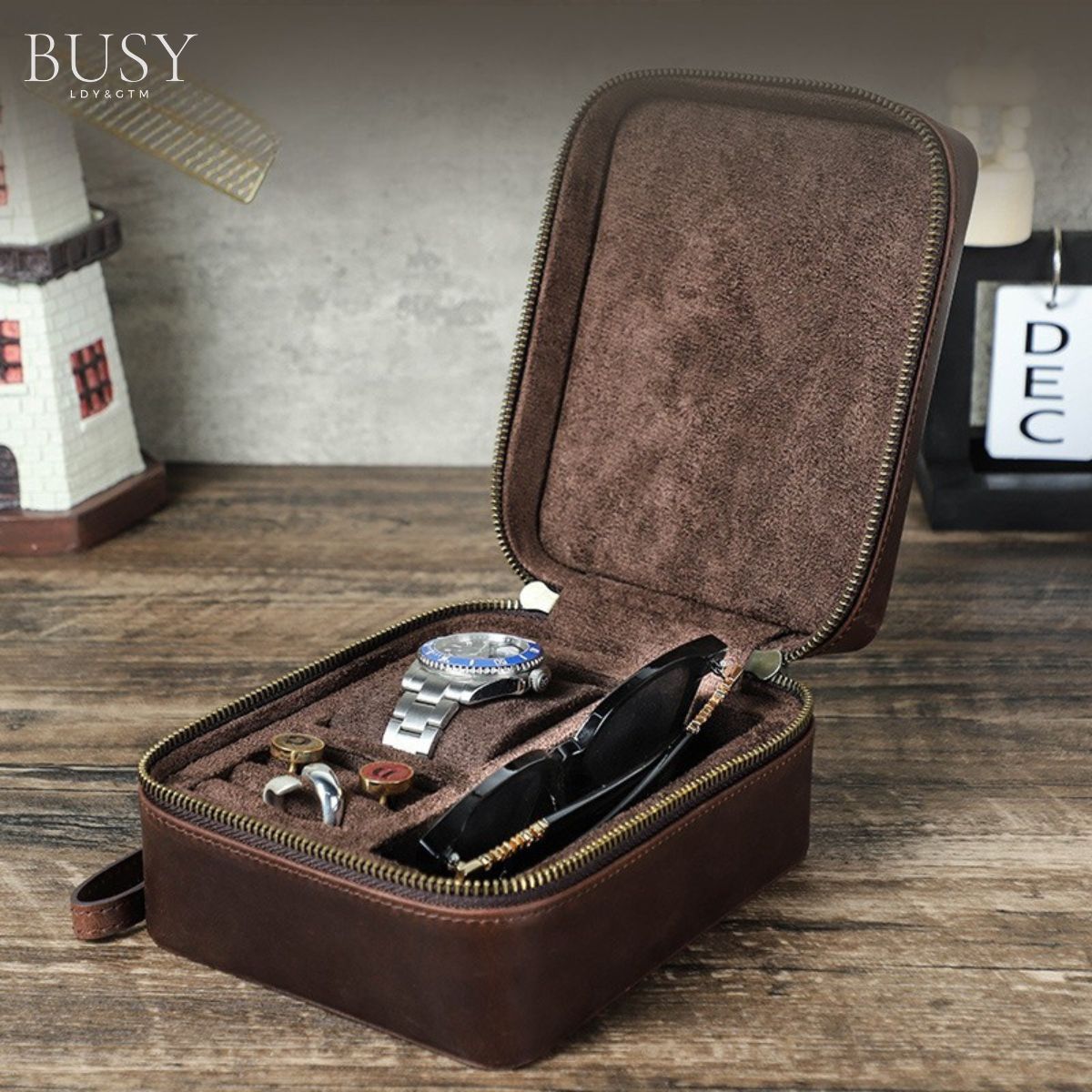 Cutie colectie ceas, ochelari, bijuterii, din piele naturala Crazy Horse, Caliber BUSY LDY & GTM® - coffee